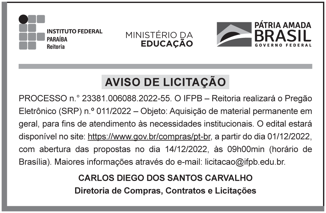 IFPB – JOÃO PESSOA – REITORIA – AVISO DE LICITAÇÃO – Pregão Eletrônico (SRP) n.º 011/2022