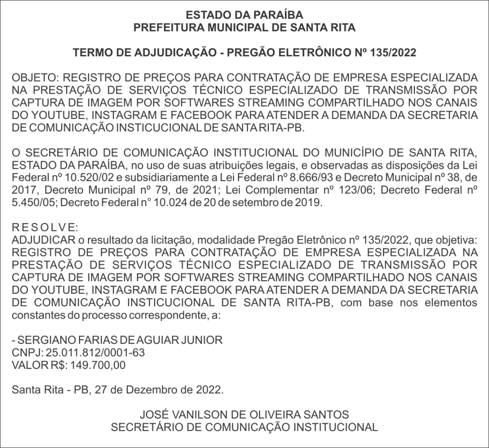 PREFEITURA MUNICIPAL DE SANTA RITA – TERMO DE ADJUDICAÇÃO – PREGÃO ELETRÔNICO Nº 135/2022