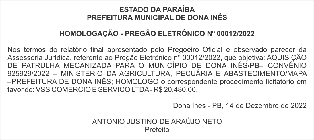 PREFEITURA MUNICIPAL DE DONA INÊS – HOMOLOGAÇÃO – PREGÃO ELETRÔNICO Nº 00012/2022