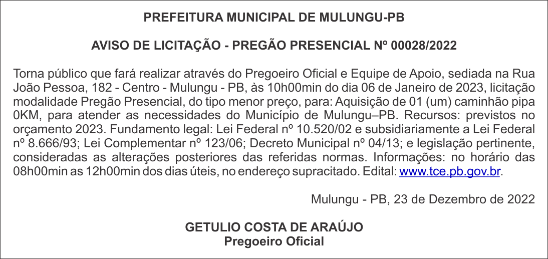 PREFEITURA MUNICIPAL DE MULUNGU-PB –  AVISO DE LICITAÇÃO – PREGÃO PRESENCIAL Nº 00028/2022