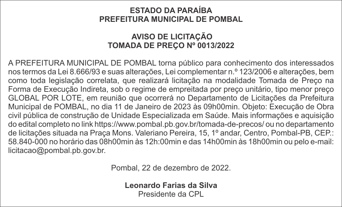 PREFEITURA MUNICIPAL DE POMBAL – AVISO DE LICITAÇÃO – TOMADA DE PREÇO Nº 0013/2022