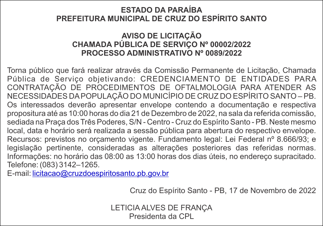 PREFEITURA MUNICIPAL DE CRUZ DO ESPÍRITO SANTO – AVISO DE LICITAÇÃO – CHAMADA PÚBLICA DE SERVIÇO Nº 00002/2022