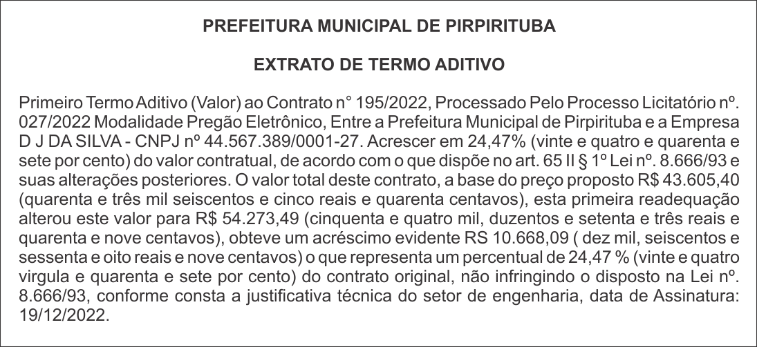 PREFEITURA MUNICIPAL DE PIRPIRITUBA – EXTRATO DE TERMO ADITIVO