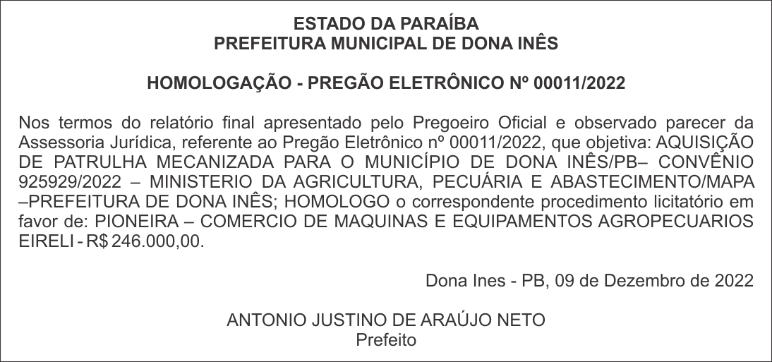 PREFEITURA MUNICIPAL DE DONA INÊS – HOMOLOGAÇÃO – PREGÃO ELETRÔNICO Nº 00011/2022