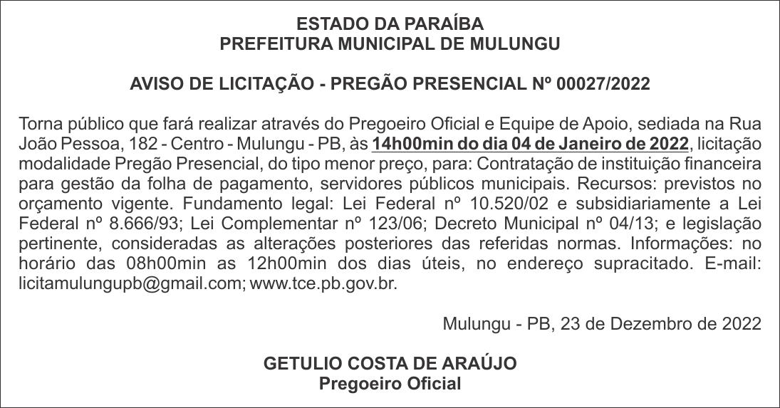 PREFEITURA MUNICIPAL DE MULUNGU – AVISO DE LICITAÇÃO – PREGÃO PRESENCIAL Nº 00027/2022