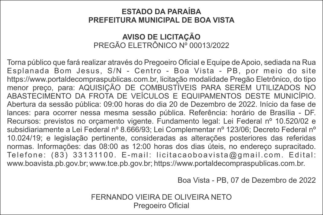 PREFEITURA MUNICIPAL DE BOA VISTA – AVISO DE LICITAÇÃO – PREGÃO ELETRÔNICO Nº 00013/2022