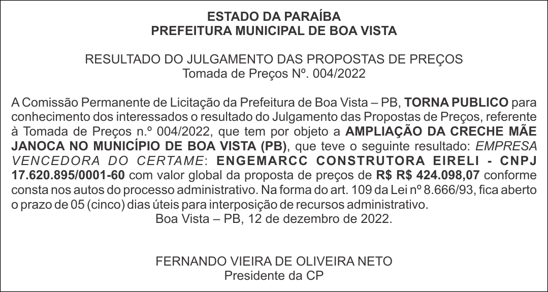 PREFEITURA MUNICIPAL DE BOA VISTA – RESULTADO DO JULGAMENTO DAS PROPOSTAS DE PREÇOS – TOMADA DE PREÇOS Nº. 004/2022