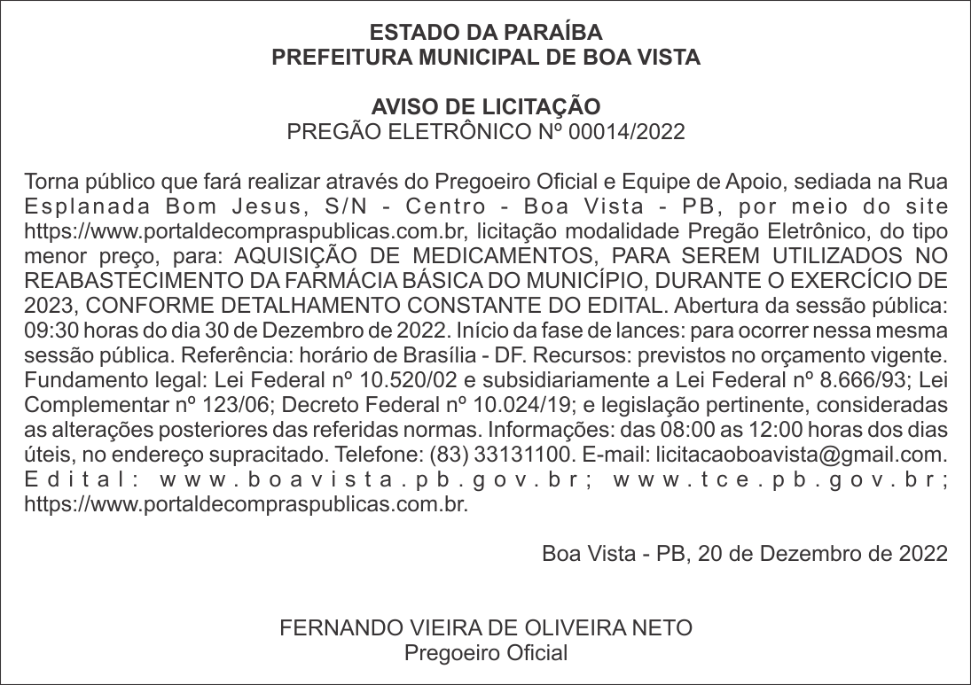 PREFEITURA MUNICIPAL DE BOA VISTA – AVISO DE LICITAÇÃO – PREGÃO ELETRÔNICO Nº 00014/2022
