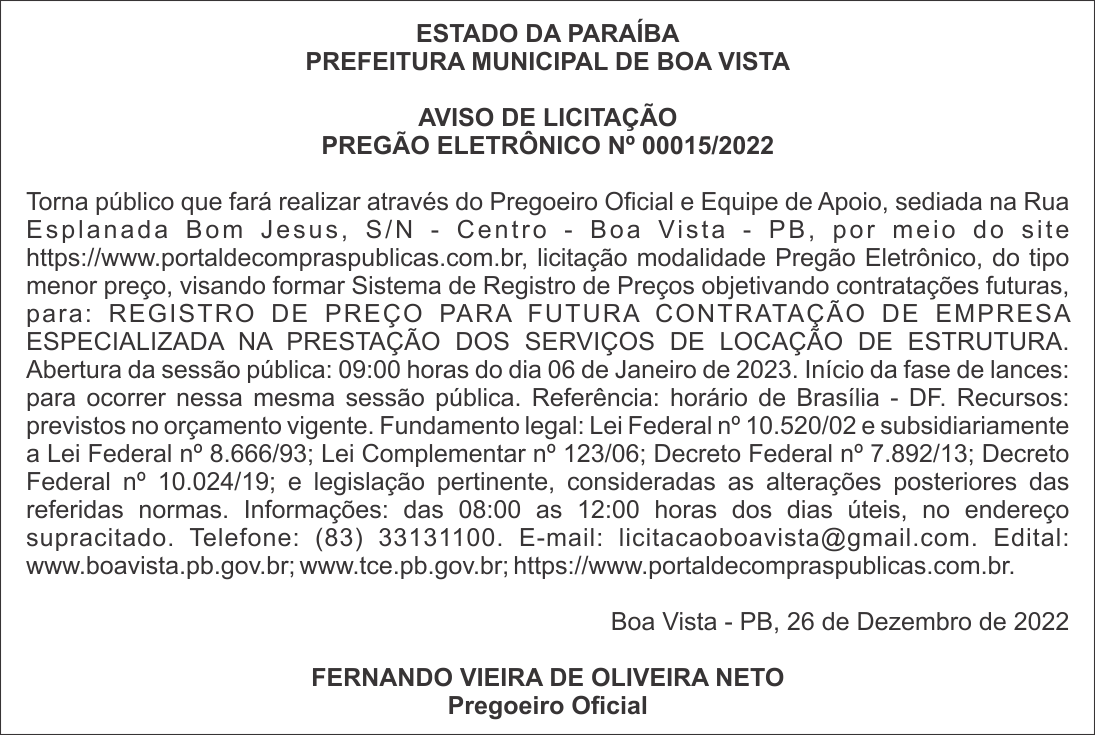 PREFEITURA MUNICIPAL DE BOA VISTA – AVISO DE LICITAÇÃO – PREGÃO ELETRÔNICO Nº 00015/2022