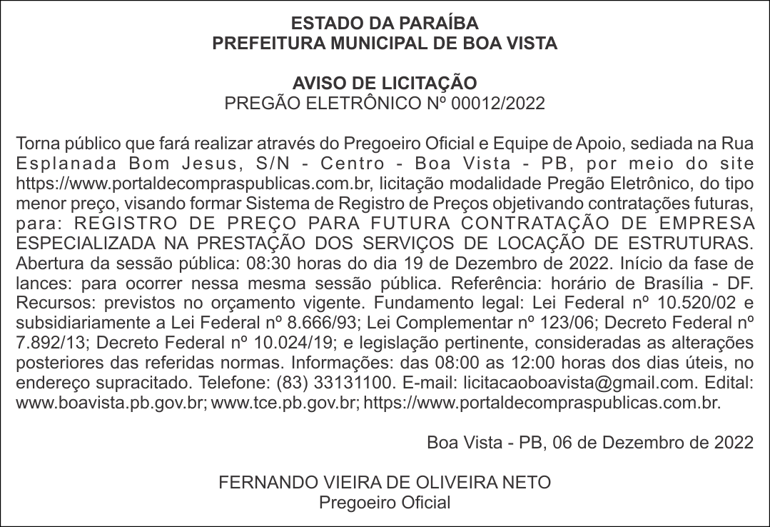 PREFEITURA MUNICIPAL DE BOA VISTA – AVISO DE LICITAÇÃO – PREGÃO ELETRÔNICO Nº 00012/2022