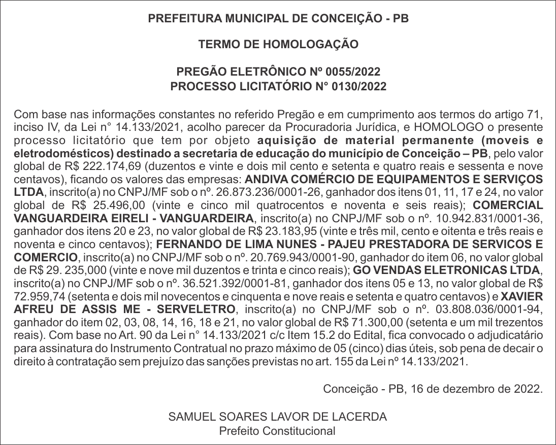PREFEITURA MUNICIPAL DE CONCEIÇÃO-PB – TERMO DE HOMOLOGAÇÃO – PREGÃO ELETRÔNICO Nº 0055/2022