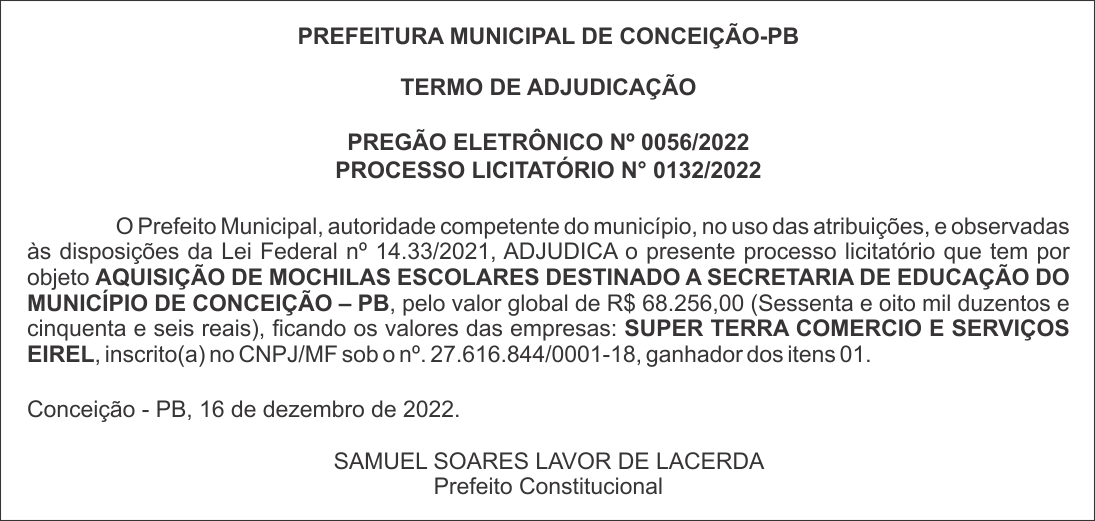 PREFEITURA MUNICIPAL DE CONCEIÇÃO-PB – TERMO DE ADJUDICAÇÃO – PREGÃO ELETRÔNICO Nº 0056/2022
