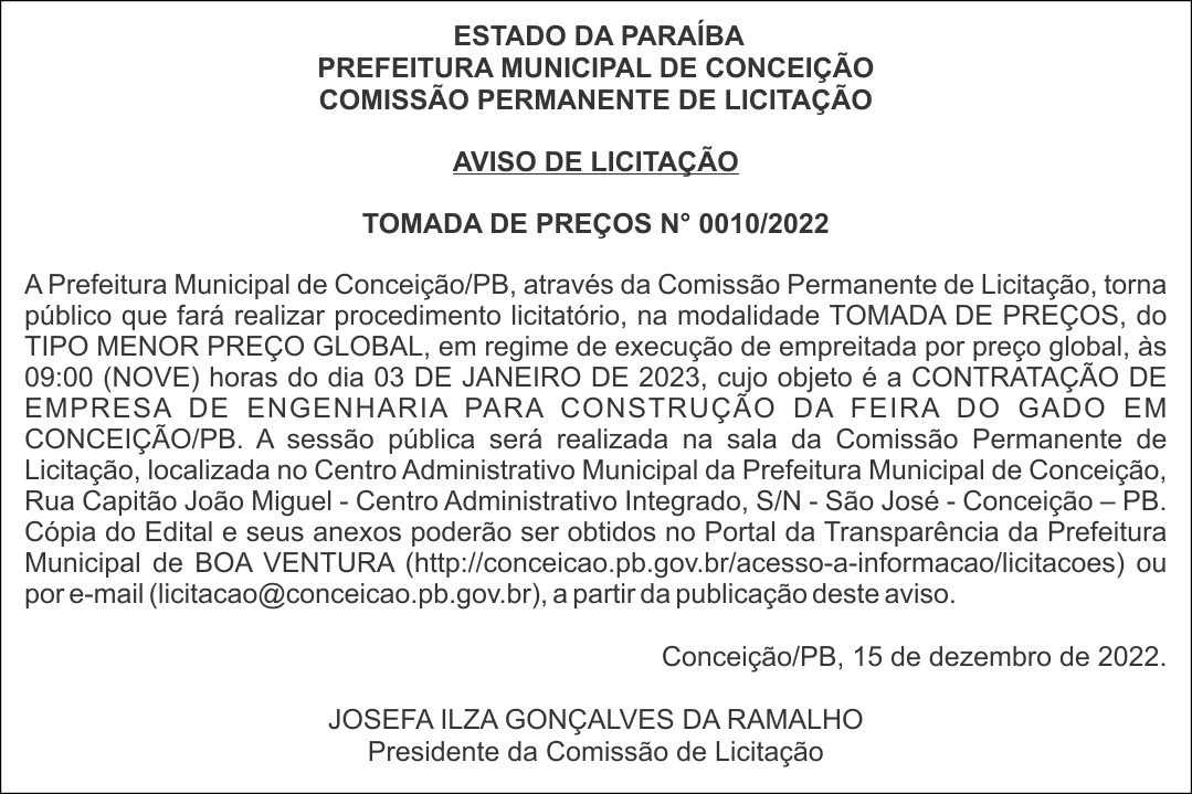 PREFEITURA MUNICIPAL DE CONCEIÇÃO – AVISO DE LICITAÇÃO – TOMADA DE PREÇOS N° 0010/2022