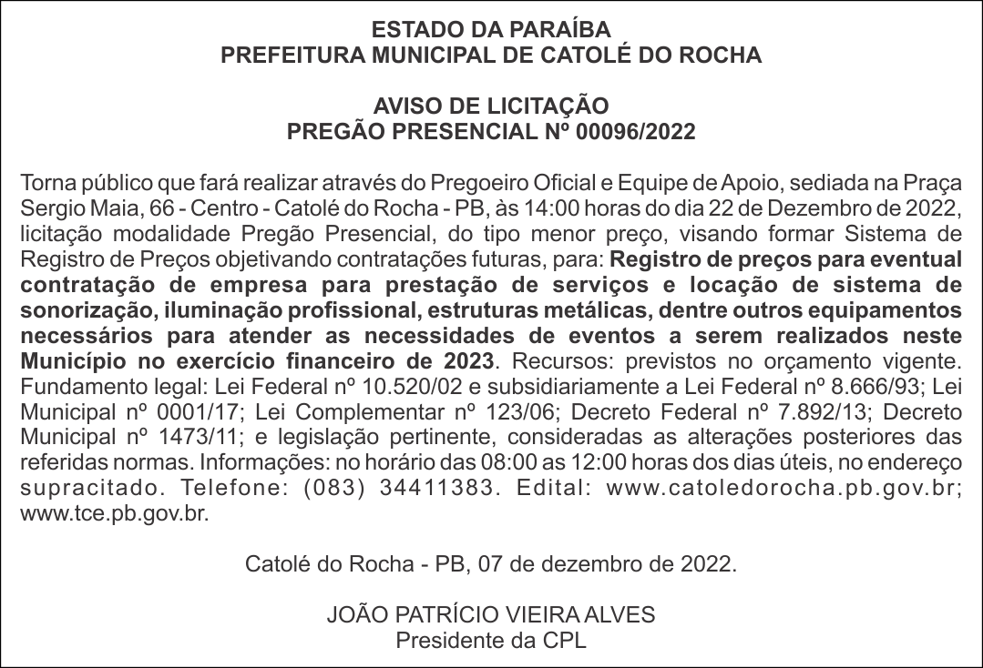 PREFEITURA MUNICIPAL DE CATOLÉ DO ROCHA – AVISO DE LICITAÇÃO – PREGÃO PRESENCIAL Nº 00096/2022