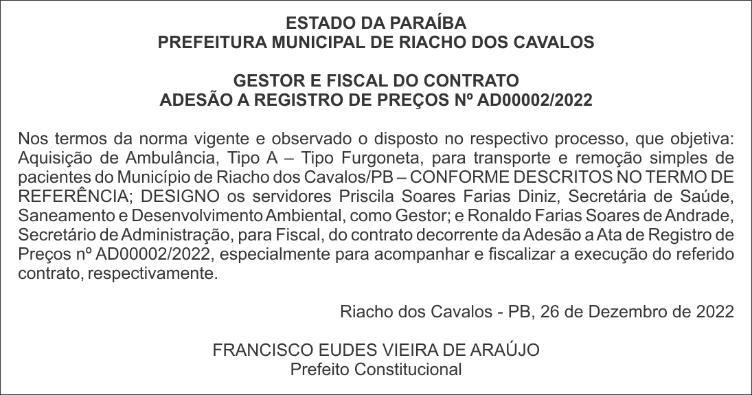 PREFEITURA MUNICIPAL DE RIACHO DOS CAVALOS – ADESÃO A REGISTRO DE PREÇOS Nº AD00002/2022