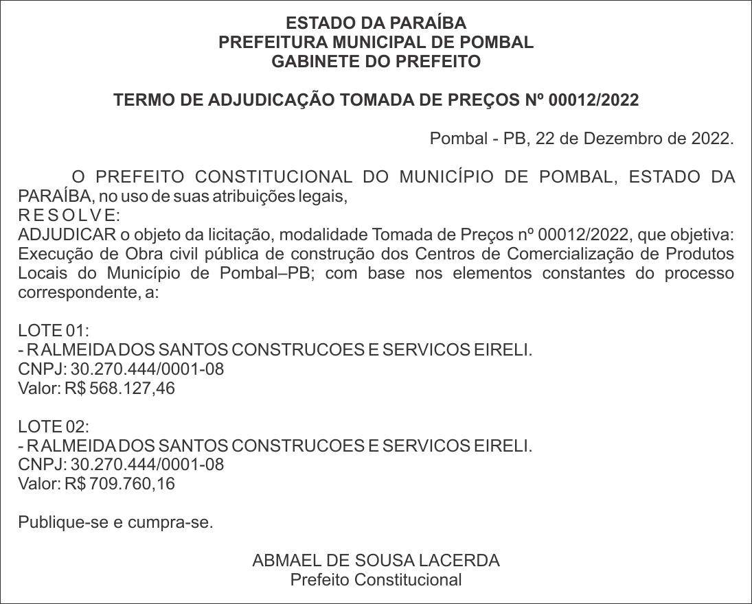 PREFEITURA MUNICIPAL DE POMBAL – TERMO DE ADJUDICAÇÃO – TOMADA DE PREÇOS Nº 00012/2022