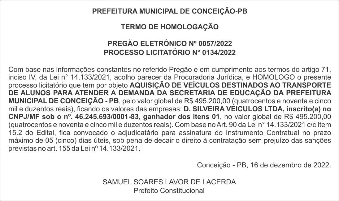 PREFEITURA MUNICIPAL DE CONCEIÇÃO-PB – TERMO DE HOMOLOGAÇÃO – PREGÃO ELETRÔNICO Nº 0057/2022
