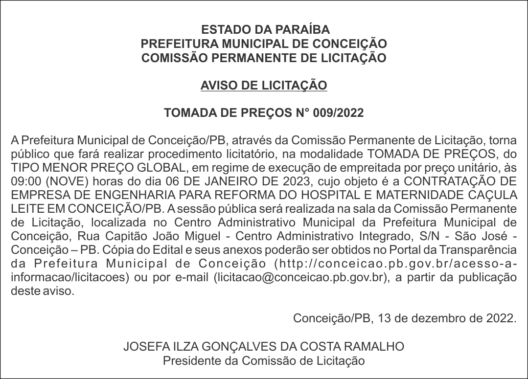 PREFEITURA MUNICIPAL DE CONCEIÇÃO – AVISO DE LICITAÇÃO – TOMADA DE PREÇOS N° 009/2022