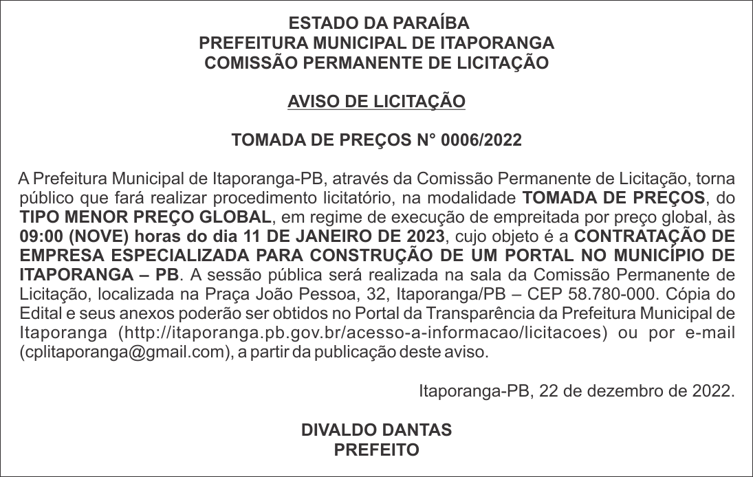 PREFEITURA MUNICIPAL DE ITAPORANGA – AVISO DE LICITAÇÃO – TOMADA DE PREÇOS N° 0006/2022