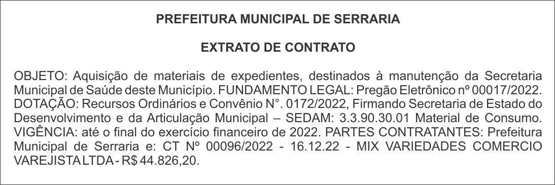PREFEITURA MUNICIPAL DE SERRARIA – EXTRATO DE CONTRATO
