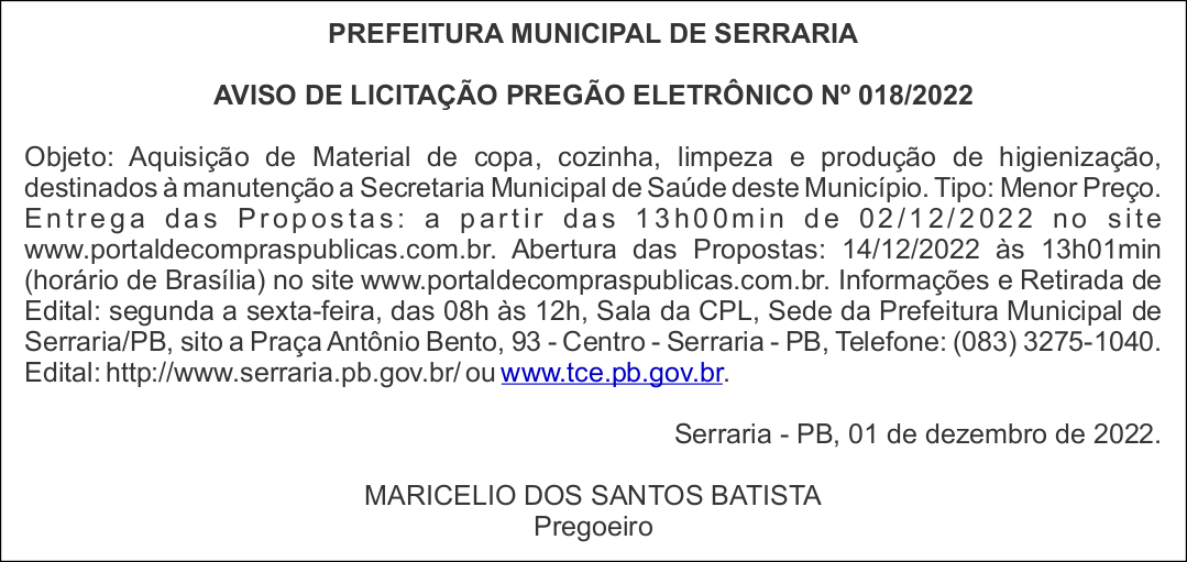 PREFEITURA MUNICIPAL DE SERRARIA – AVISO DE LICITAÇÃO – PREGÃO ELETRÔNICO Nº 018/2022