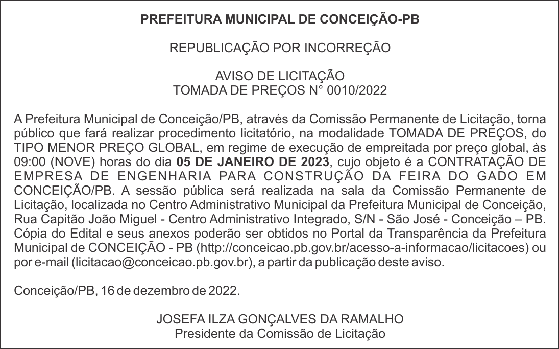 PREFEITURA MUNICIPAL DE CONCEIÇÃO-PB  – REPUBLICAÇÃO POR INCORREÇÃO – AVISO DE LICITAÇÃO – TOMADA DE PREÇOS N° 0010/2022