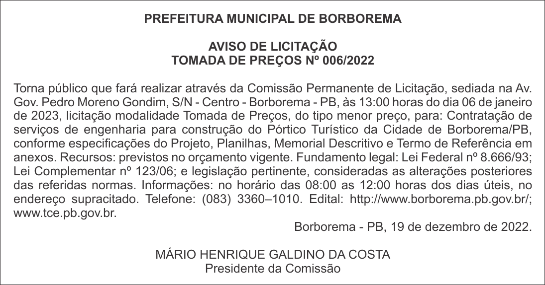 PREFEITURA MUNICIPAL DE BORBOREMA – AVISO DE LICITAÇÃO – TOMADA DE PREÇOS Nº 006/2022