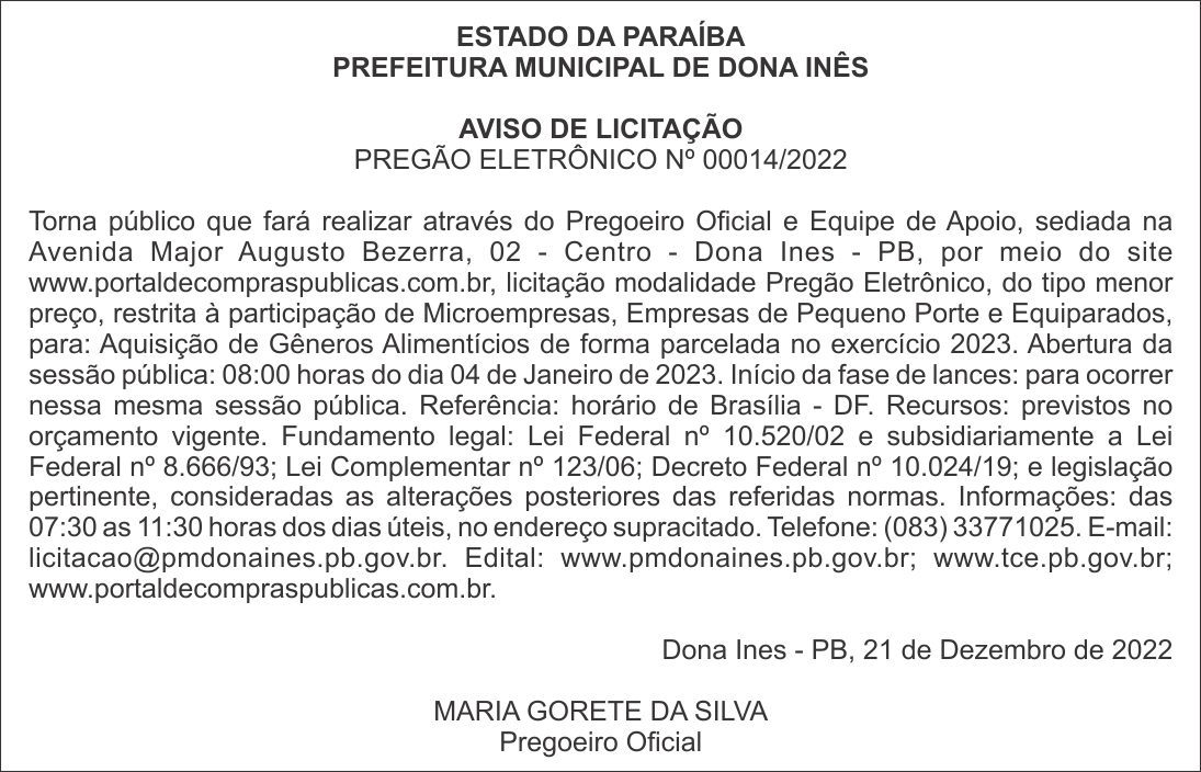 PREFEITURA MUNICIPAL DE DONA INÊS – AVISO DE LICITAÇÃO – PREGÃO ELETRÔNICO Nº 00014/2022
