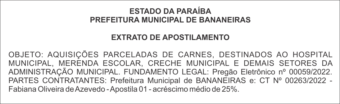 ESTADO DA PARAÍBA – PREFEITURA MUNICIPAL DE BANANEIRAS – EXTRATO DE APOSTILAMENTO