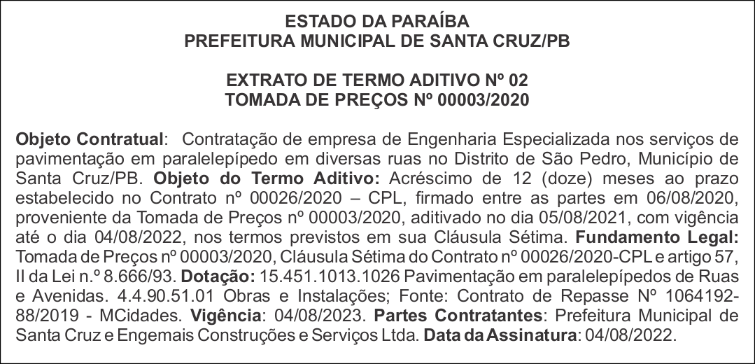 PREFEITURA MUNICIPAL DE SANTA CRUZ/PB – EXTRATO DE TERMO ADITIVO Nº 02 – TOMADA DE PREÇOS Nº 00003/2020