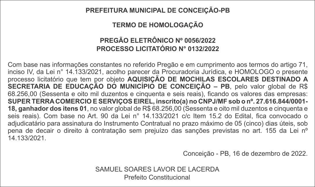 PREFEITURA MUNICIPAL DE CONCEIÇÃO-PB – TERMO DE HOMOLOGAÇÃO – PREGÃO ELETRÔNICO Nº 0056/2022
