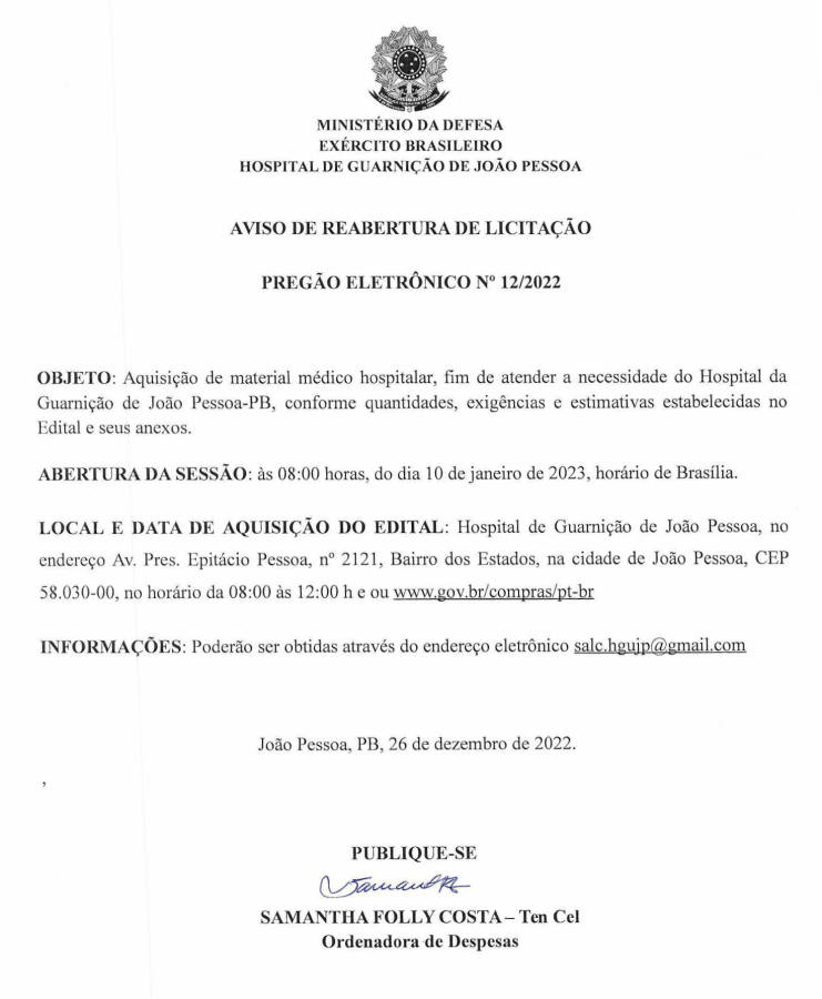 HOSPITAL DE GUARNIÇÃO DE JOÃO PESSOA – AVISO DE REABERTURA DE LICITAÇÃO – PREGÃO ELETRÔNICO Nº 12/2022