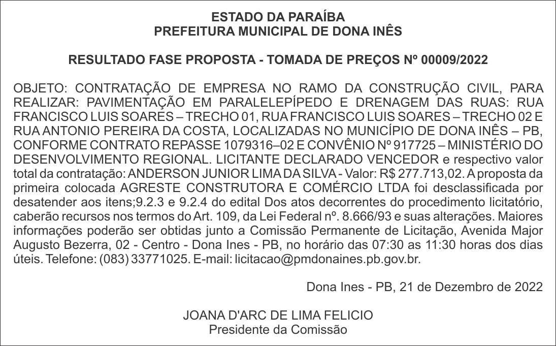 PREFEITURA MUNICIPAL DE DONA INÊS – RESULTADO FASE PROPOSTA – TOMADA DE PREÇOS Nº 00009/2022