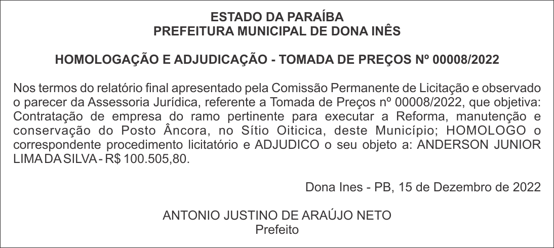 PREFEITURA MUNICIPAL DE DONA INÊS – HOMOLOGAÇÃO E ADJUDICAÇÃO – TOMADA DE PREÇOS Nº 00008/2022