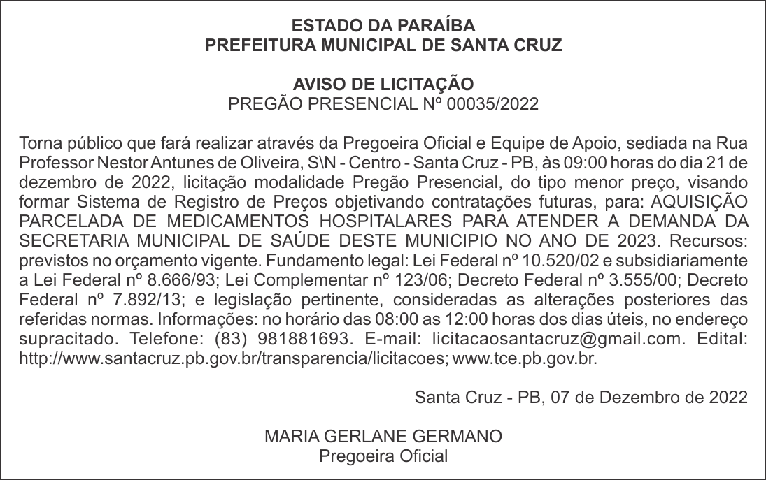 PREFEITURA MUNICIPAL DE SANTA CRUZ – AVISO DE LICITAÇÃO – PREGÃO PRESENCIAL Nº 00035/2022