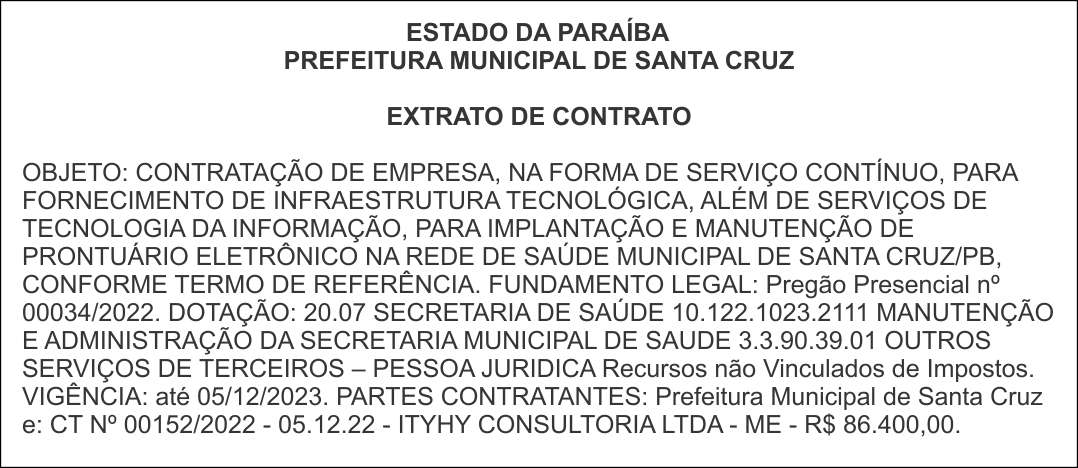 PREFEITURA MUNICIPAL DE SANTA CRUZ – EXTRATO DE CONTRATO