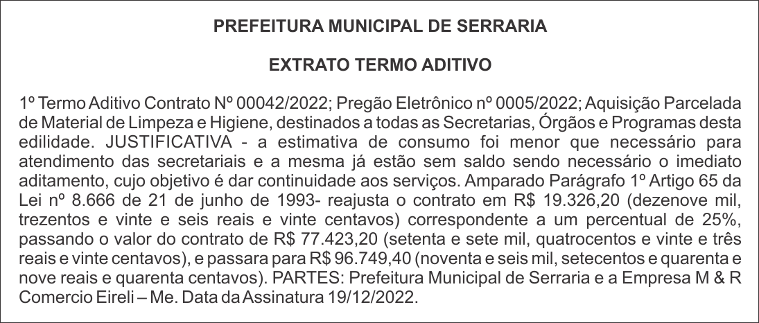 PREFEITURA MUNICIPAL DE SERRARIA – EXTRATO TERMO ADITIVO