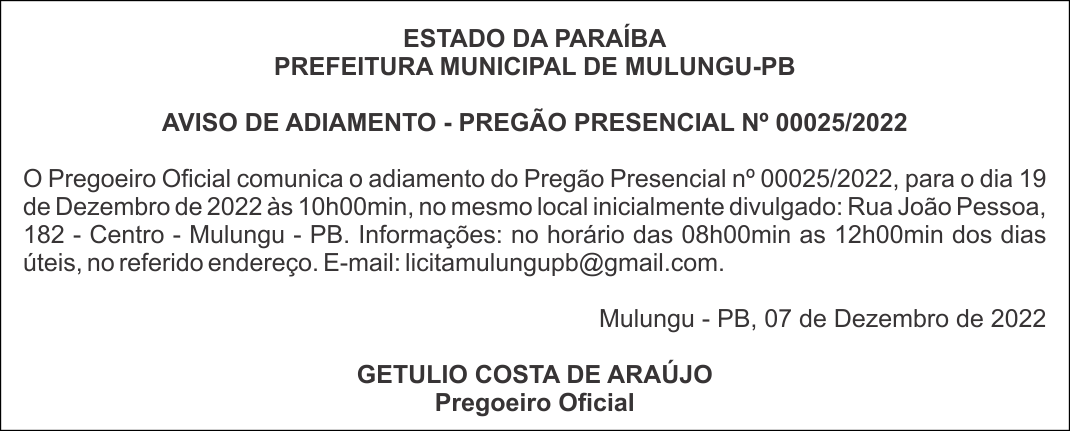 PREFEITURA MUNICIPAL DE MULUNGU-PB – AVISO DE ADIAMENTO – PREGÃO PRESENCIAL Nº 00025/2022