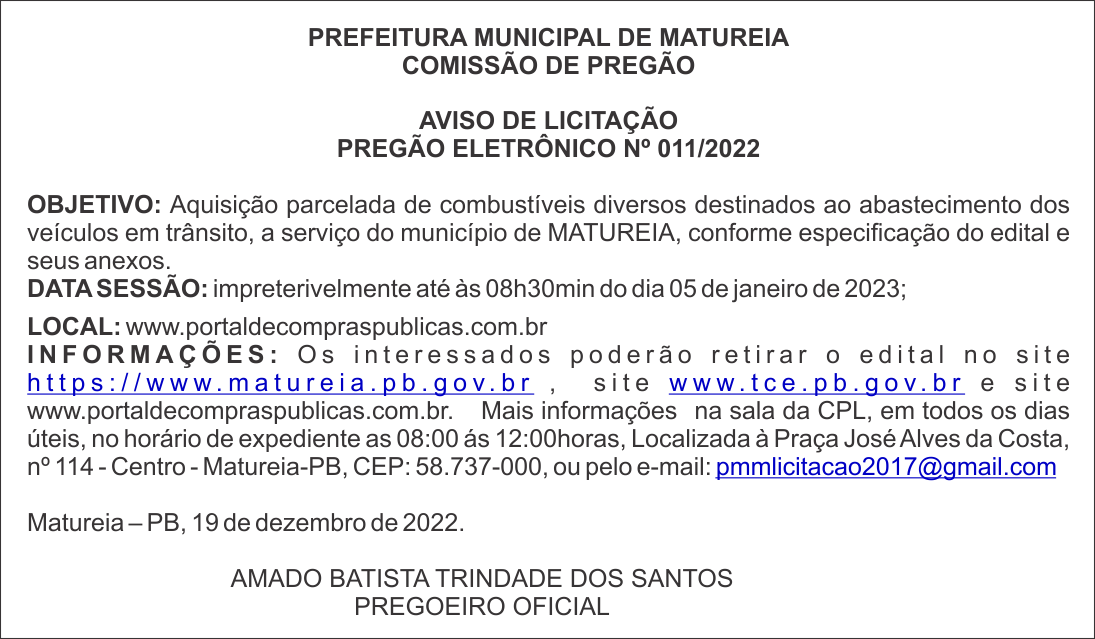 PREFEITURA MUNICIPAL DE MATUREIA – AVISO DE LICITAÇÃO – PREGÃO ELETRÔNICO Nº 011/2022