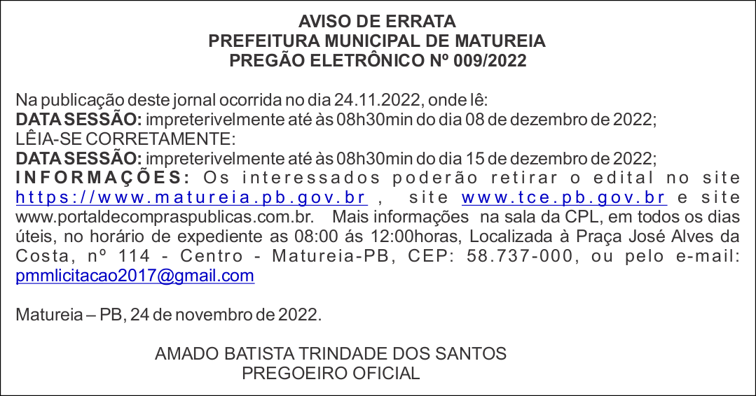 PREFEITURA MUNICIPAL DE MATUREIA – AVISO DE ERRATA – PREGÃO ELETRÔNICO Nº 009/2022