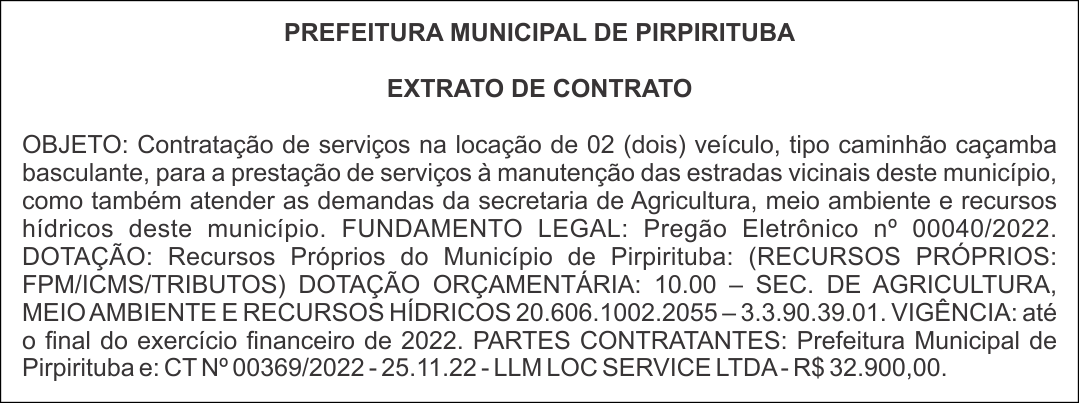 PREFEITURA MUNICIPAL DE PIRPIRITUBA – EXTRATO DE CONTRATO