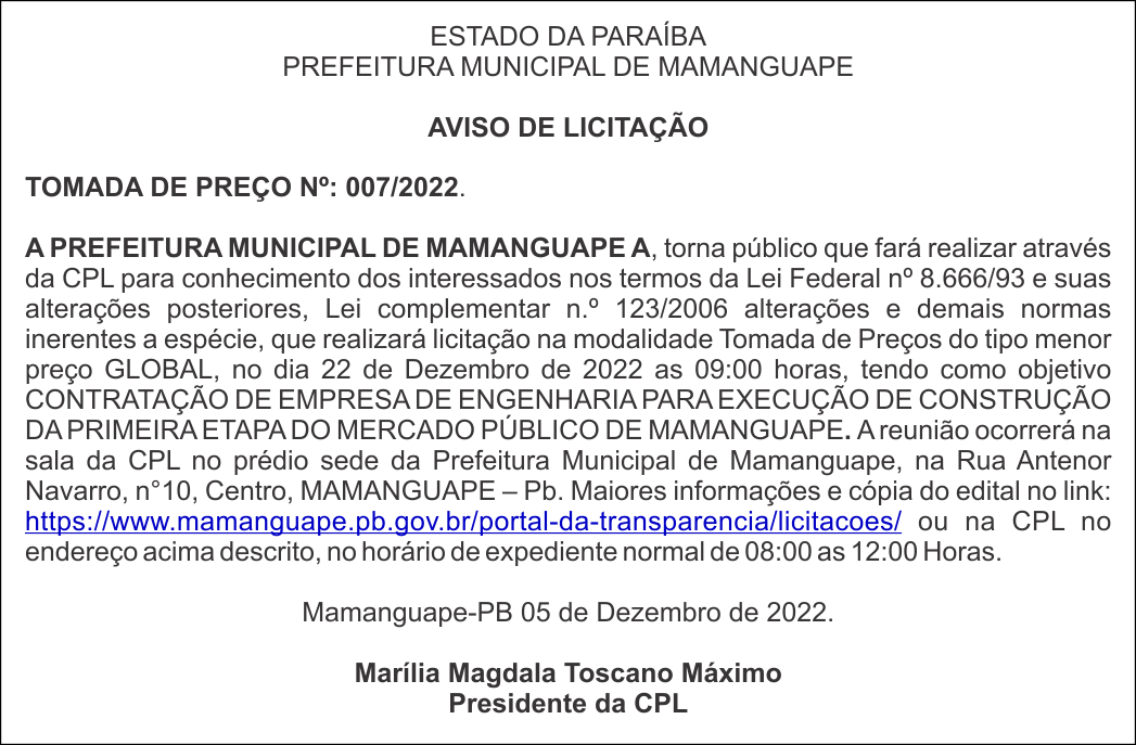 PREFEITURA MUNICIPAL DE MAMANGUAPE – AVISO DE LICITAÇÃO – TOMADA DE PREÇO Nº: 007/2022