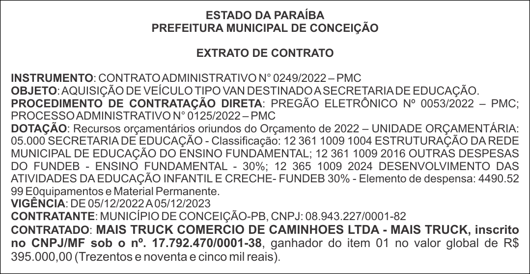 PREFEITURA MUNICIPAL DE CONCEIÇÃO – EXTRATO DE CONTRATO