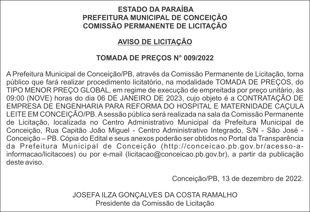 PREFEITURA MUNICIPAL DE CONCEIÇÃO – AVISO DE LICITAÇÃO – TOMADA DE PREÇOS N° 009/2022