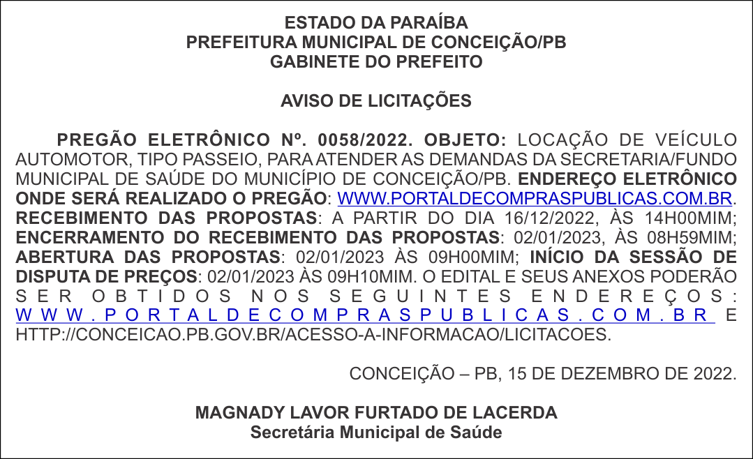 PREFEITURA MUNICIPAL DE CONCEIÇÃO/PB – AVISO DE LICITAÇÕES – PREGÃO ELETRÔNICO Nº. 0058/2022