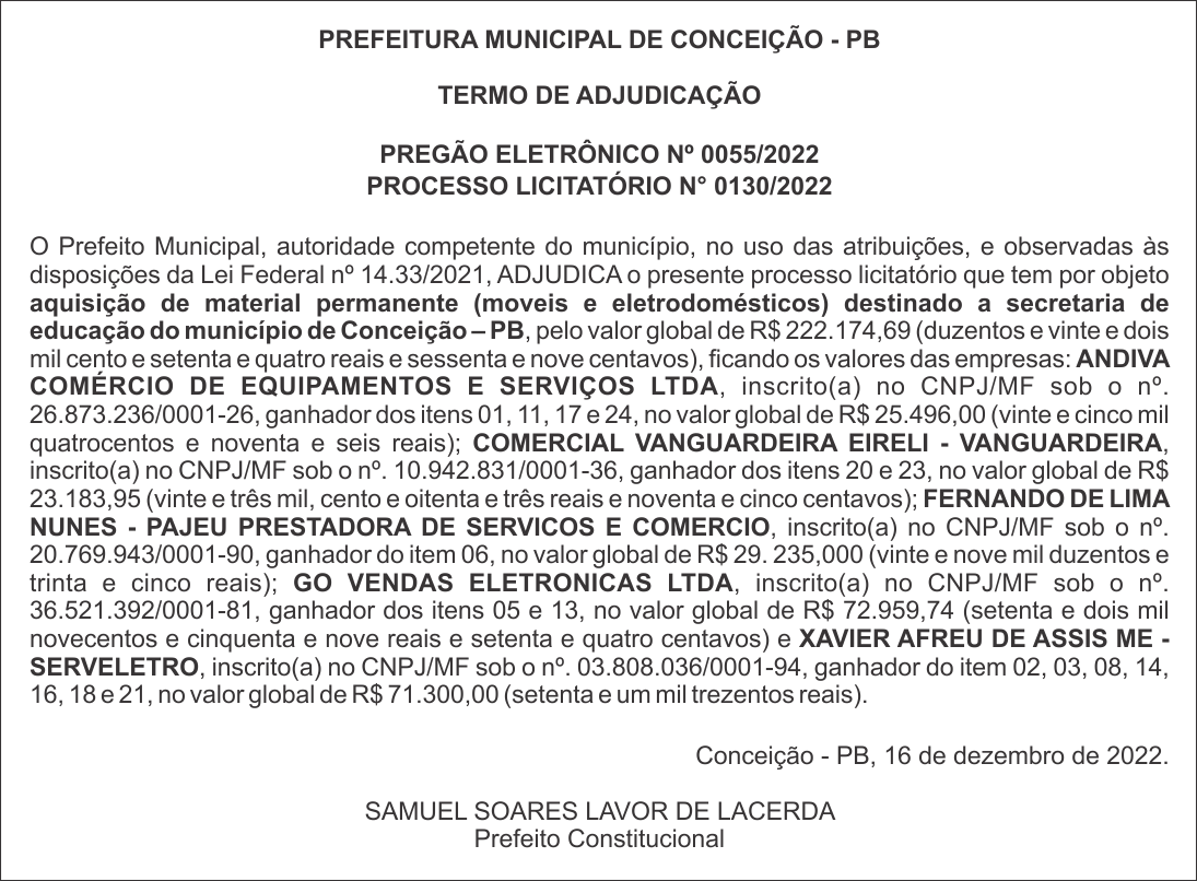 PREFEITURA MUNICIPAL DE CONCEIÇÃO – PB – TERMO DE ADJUDICAÇÃO – PREGÃO ELETRÔNICO Nº 0055/2022