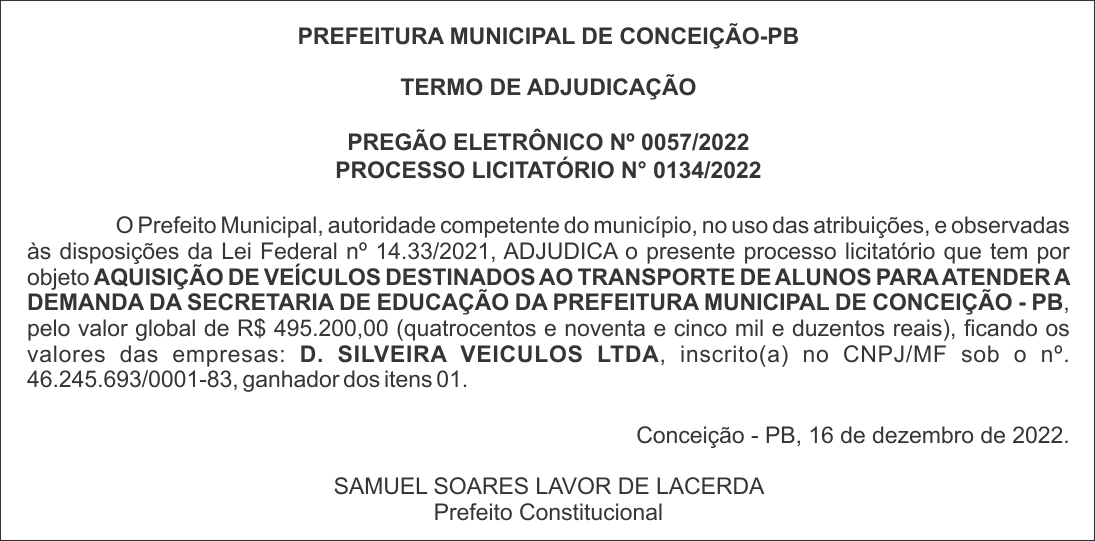 PREFEITURA MUNICIPAL DE CONCEIÇÃO-PB – TERMO DE ADJUDICAÇÃO – PREGÃO ELETRÔNICO Nº 0057/2022