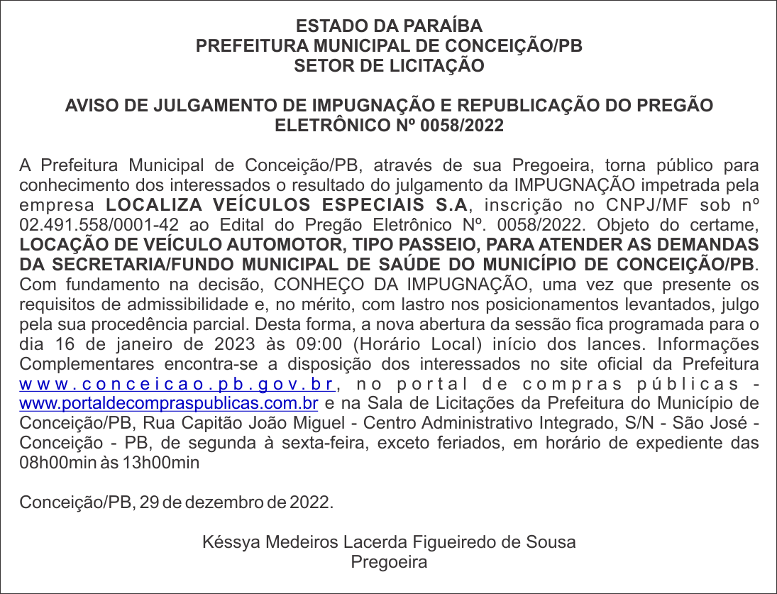 PREFEITURA MUNICIPAL DE CONCEIÇÃO/PB – AVISO DE JULGAMENTO DE IMPUGNAÇÃO E REPUBLICAÇÃO DO PREGÃO ELETRÔNICO Nº 0058/2022