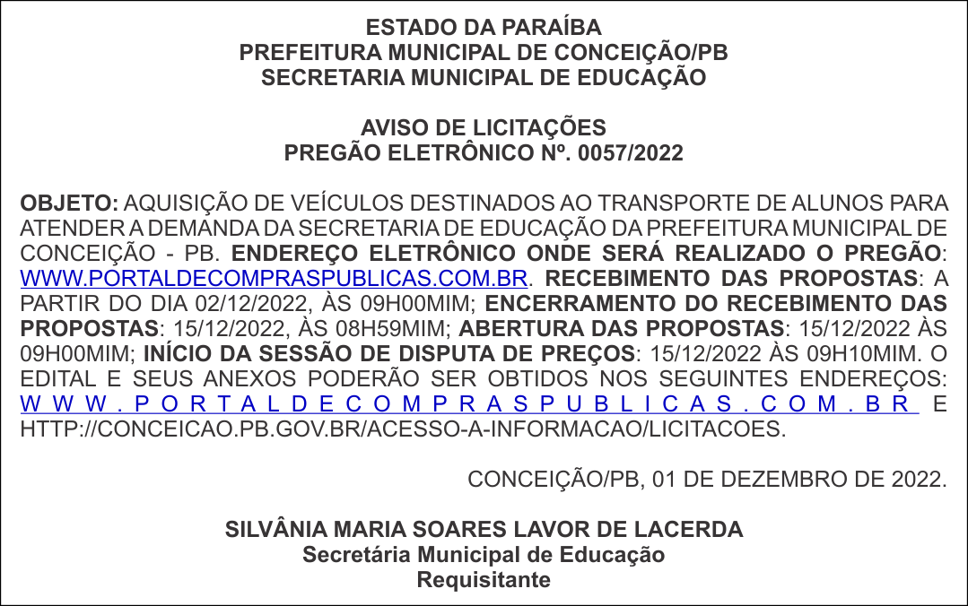 PREFEITURA MUNICIPAL DE CONCEIÇÃO/PB – AVISO DE LICITAÇÕES – PREGÃO ELETRÔNICO Nº. 0057/2022