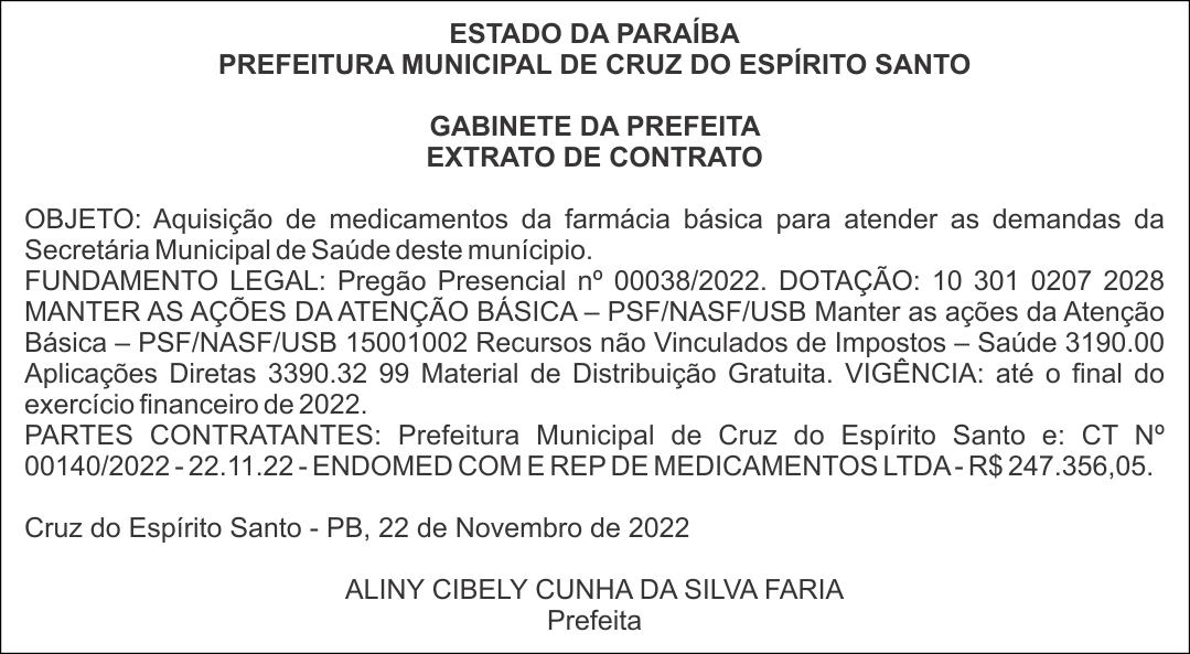 PREFEITURA MUNICIPAL DE CRUZ DO ESPÍRITO SANTO – EXTRATO DE CONTRATO